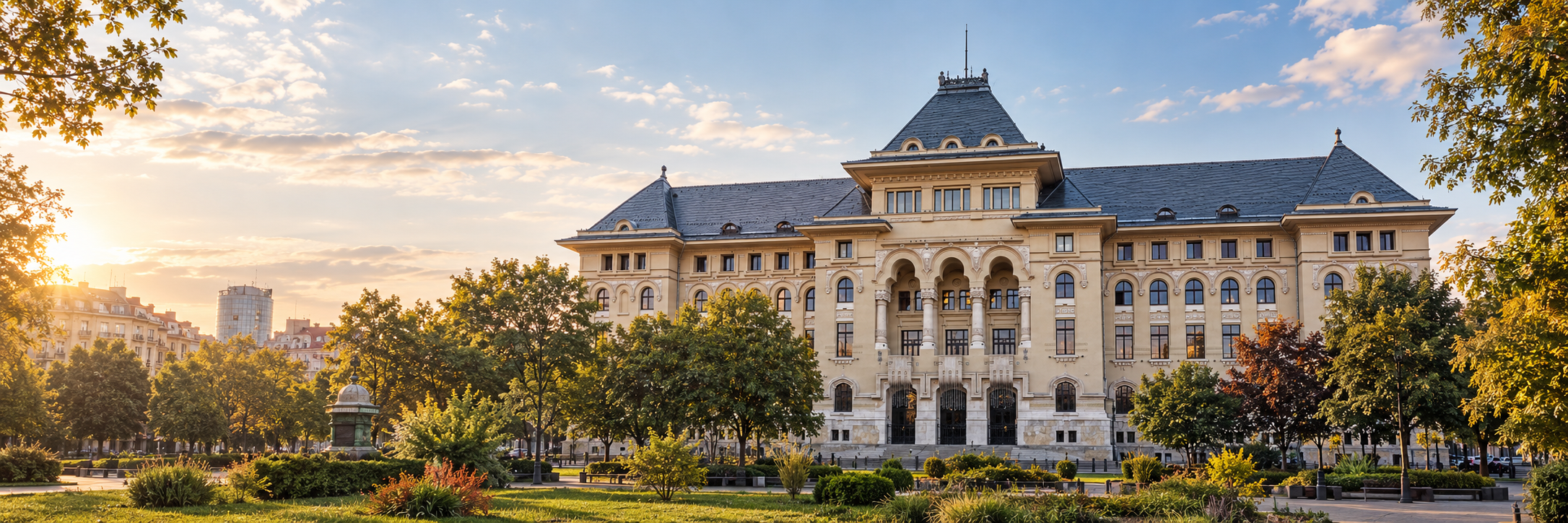 Imagine ilustrativă: clădire publică și spațiu verde din București.